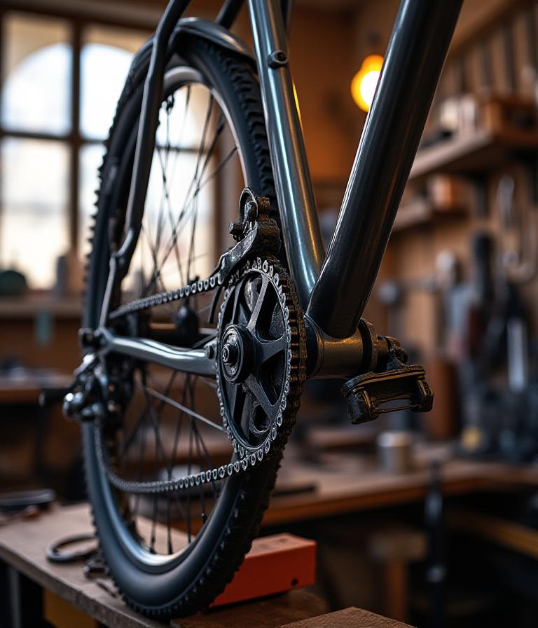 Meccanico esperto al lavoro su una bicicletta custom in officina